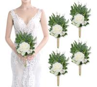 SEMONONIA 8 Inch Bridesmaid Bouquets Set of 4 - Ivory Artificial Flowers Greenery Bouquet for Wedding, Silk Small Floral Bouquet for Ceremony and Anniversary Marriage Proposal Centerpiece Decorations