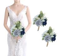 SEMONONIA Artificial Bridesmaid Bouquets - Set of 2 Silk Rose Flowers Bouquet Wedding Rustic Small Floral Centerpieces for Marriage Proposal Party Anniversary Dining Table Decorations - Blue,7 Inch