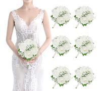 SEMONONIA Artificial Bridesmaid Bouquets Set of 6-7 Inch Bridesmaid Bouquets Ivory White Rose Babys Breath Pre-Made Silk Flower Bouquet for Wedding Bridal Shower Centerpiece Ceremony and Anniversary