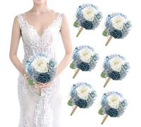 SEMONONIA Artificial Bridesmaid Bouquets Set of 6-7 Inch Silk Bouquets for Bridesmaids, Pre-Made Small Wedding Bouquet Fake Flowers for Bridal Shower, Table Centerpieces, PartyDecor - Dusty Blue