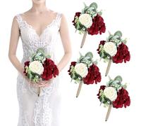 SEMONONIA Artificial Flowers Wedding Bouquets for Bridesmaid - Set of 4 Bridesmaid Bouquet Handmade Burgundy Silk Bouquet for Wedding Ceremony Anniversary, Bridal Shower, Home Table Decorations