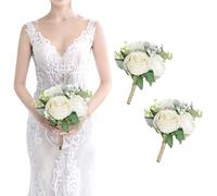 SEMONONIA Bridesmaid Bouquets Set of 2 - Ivory White Artificial Flowers Bouquet for Bridesmaids Wedding Small Floral Centerpieces for Marriage Proposal Party Anniversary Dining Table Decor -7 Inch
