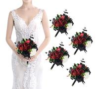 SEMONONIA Bridesmaid Bouquets Set of 4 - Gothic Flowers Bouquet for Bridesmaids Halloween Marriage Proposal Party Ceremony Anniversary Dining Table Centerpiece Decor - Black and Red