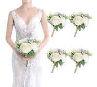 SEMONONIA Bridesmaid Bouquets - Set of 4 Ivory White Artificial Flowers Bouquet Wedding Rustic Small Floral Centerpieces for Marriage Proposal Party Anniversary Dining Table Decorations