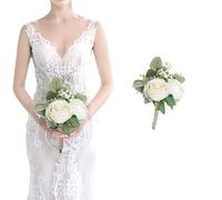 SEMONONIA Wedding Bridesmaid Bouquet Flower 1 Pack - Ivory White Artificial Flowers Bouquet Rustic Small Floral Centerpieces for Marriage Proposal Party Anniversary Dining Table Decorations -7inch
