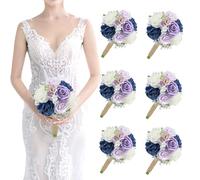 SEMONONIA Wedding Bridesmaid Bouquets Set of 6-7 Inch Artificial Bridesmaid Bouquet Rustic Silk Flowers Pre-Made Small Floral Centerpieces for Marriage Proposal Party Anniversary - Navy Blue & Lilac