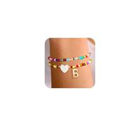 Semoya 2PCS Colorful Softball Initial Bracelet for Women Girls, A-Z Gold Layered Beaded Stretch Bracelets Softball Mom Letter Stackable Jewelry Ideas Gifts, 6.5", Brass, no gemstone