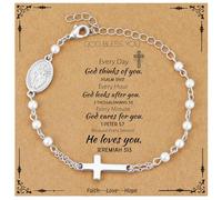 Semoya Catholic Bracelets Gifts for Women Girls, Pearl Rosary Beads Virgin Mary Cross Charm Bracelet Confirmation First Communion Baptism Religious Christian Jewelry Gift, 6+2 inch, Brass, no gemstone
