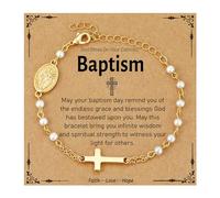 Semoya Catholic Bracelets Gifts for Women Girls, Pearl Rosary Beads Virgin Mary Cross Charm Bracelet Confirmation First Communion Baptism Religious Christian Jewelry Gift, 6+2 inch, Brass, no gemstone