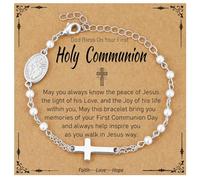 Semoya Catholic Bracelets Gifts for Women Girls, Pearl Rosary Beads Virgin Mary Cross Charm Bracelet Confirmation First Communion Baptism Religious Christian Jewelry Gift, 6+2 inch, Brass, no gemstone