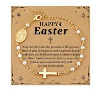 Semoya Catholic Bracelets Gifts for Women Girls, Pearl Rosary Beads Virgin Mary Cross Charm Bracelet Confirmation First Communion Baptism Religious Christian Jewelry Gift, 6+2 inch, Brass, no gemstone