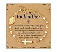 Semoya Catholic Bracelets Gifts for Women Girls, Pearl Rosary Beads Virgin Mary Cross Charm Bracelet Confirmation First Communion Baptism Religious Christian Jewelry Gift, 6+2 inch, Brass, no gemstone