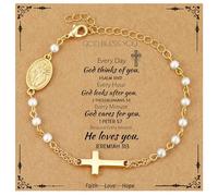 Semoya Catholic Bracelets Gifts for Women Girls, Pearl Rosary Beads Virgin Mary Cross Charm Bracelet Confirmation First Communion Baptism Religious Christian Jewelry Gift, 6+2 inch, Brass, no gemstone