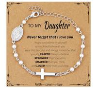 Semoya Catholic Bracelets Gifts for Women Girls, Pearl Rosary Beads Virgin Mary Cross Charm Bracelet Confirmation First Communion Baptism Religious Christian Jewelry Gift, 6+2 inch, Brass, no gemstone