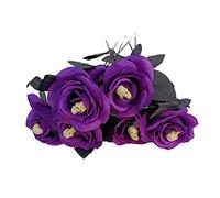 Sempoda 6Pcs Artificial Bloody Roses with Skull Head, Fake Silk Black Rose Branch, Faux Rose Bouquet Flower Arrangement for Halloween Party Home Farmhouse Garden Porch Indoor Outdoor DIY Decor