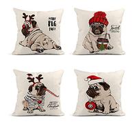 Semtomn Set of 4 Linen Throw Pillow Covers 18x18 Inch Christmas Pug Dog in Striped Cardigan Horn Deer Home Decor Cushion Covers Square Pillowcases for Sofa Couch