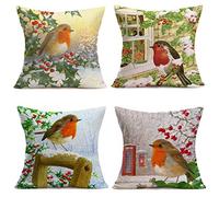 Semtomn Set of 4 Linen Throw Pillow Covers Christmas Robin Bird Mistletoe Tree Snow Winter Retro Fruit Green Home Decorative 16"x16" Flax Pillow Cases Cushion Square Pillowcases