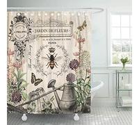 Semtomn Shower Curtain Modern French Bee Garden Vintage Queen Floral Watering Can 72"x72" Home Decor Waterproof Bath Bathroom Curtain Set with Hooks