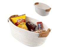 SenaiMy Woven Storage Basket, White Oval Gift Basket for Toys, Clothes, Books, Cotton Rope Storage Basket with Handles Leather for Shelves, Nursery, Living Room, Bath Room Nordic Style Home Decorative