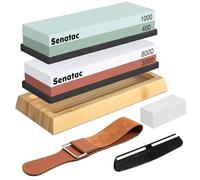 Senatac Knife Sharpening Stone Kit - Whetstone 400/1000 3000/8000 Grit Sharpening Stone Set Dual Sided Knife Sharpener Premium Wet Stone with Non-Slip Base Angle Guide Bamboo Base Leather Strop