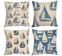 Senbang Blue Boat Cushion Covers Set of 4 Double Sided Linen Cushion Covers 35x35cm Square Throw Pillow Covers Decorative for for Chair Sofa Living Room Cushion Covers 14x14 inch