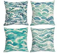 Senbang Green Ocean Waves Cushion Covers Set of 4 Double Sided Linen Cushion Covers 35x35cm Square Throw Pillow Covers Decorative for for Chair Sofa Living Room Cushion Covers 14x14 inch