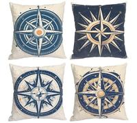 Senbang Nautical Compass Cushion Covers Set of 4 Double Sided Linen Cushion Covers 65x65cm Square Throw Pillow Covers Decorative for Living Room, Bedroom, Office, Patio Garden, Outdoor