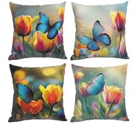 Senbang Yellow Tulip Butterfly Cushion Covers Set of 4 Double Sided Linen Cushion Covers 45x45cm Square Throw Pillow Covers Decorative for for Chair Sofa Living Room Cushion Covers 18x18 inch