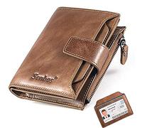 Senbos Men's RFID Protection Genuine Leather Wallet Vertical with 18 Card Slots, 1 Zip Coin Pocket and 1 Removable ID Card Holder, Gift for Father's Day, Khaki, 12.5x9.5x2.5 cm, Classic