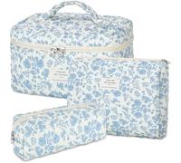 senbowe 3Pcs Cotton Quilted Makeup Bag for Women Extra Large Small Travel Cosmetic Bag, Blue-White, Modern