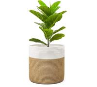 Senda Plant Pot with Liner for Indoor Plants, Foldable Cotton Planter Woven Storage Basket for Plants Flower Pot Laundry Toys Organiser (White with Yellow, 20 x 20cm)