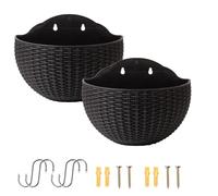 Senda Wall Mounted Hanging Planters, 2 Pcs Half Round Plastic Flower Pot Plants Basket with Drainage and 4 Hooks, 4 Screws for Garden Patio Balcony Fence (Black)