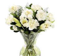 SendaBunch Fresh White Flower Bouquet - Elegant Arrangement of Carnations, Lilies & Chrysanthemums in Glass Vase (30cm x 50cm) - Beautiful Presents for Women, Fresh Cut Flowers for All Occasions