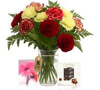 Sendabunch Mixed Pink Carnation Bouquet, 18 Fresh Stems | Flowers with Baby Bear, Belgian Chocolates & Gift Message Card