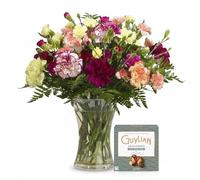 Sendabunch Mixed Spray Carnation Bouquet, 20 Fresh Stems, Hand-Arranged Spray Carnations with Seasonal Greenery, Belgian Chocolates & Gift Card