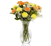 Sendabunch Orange & Lemon Carnation Bouquet, 18 Fresh Stems | Flowers with Gypsophilia, Belgian Chocolates & Gift Message Card