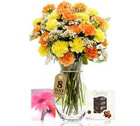 Sendabunch Orange & Lemon Carnation Bouquet, 24 Fresh Stems | Flowers with Gypsophilia, Belgian Chocolates & Gift Message Card
