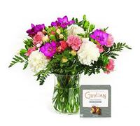 Sendabunch Pastel Carnations & Freesia Bouquet, 20 Fresh Stems | Hand-Arranged Spray Carnations with Freesia, Seasonal Greenery, Chocolates & Gift Card