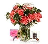 Sendabunch Pink Carnation Bouquet, 18 Fresh Stems | Luxury Flowers with Greenery, Belgian Chocolates & Gift Message Card