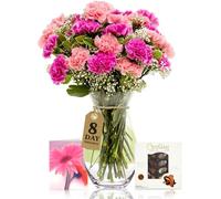 Sendabunch Pink Carnation Bouquet, 24 Fresh Stems | Luxury Flowers with Gypsophilia, Greenery, Belgian Chocolates & Gift Message Card