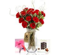 Sendabunch Red Carnation Bouquet, 18 Fresh Stems | Luxury Flowers with Greenery, Belgian Chocolates & Gift Message Card
