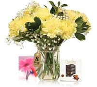 Sendabunch Yellow Carnation Bouquet, 18 Fresh Stems | Luxury Flowers with Greenery, Belgian Chocolates & Gift Message Card