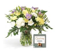Sendabunch Yellow, White, Cream & Blue Carnations and Freesia Bouquet, 20 Fresh Stems | Hand-Arranged Spray Carnations with Freesia, Chocolates & Gift Card