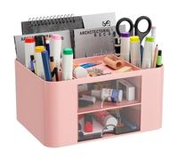 Senders Desk Organiser with 2 Drawers Tidy Storage Box with Pen Holder Desktop Stationary Organiser for School Office Home Makeup Desk Supplies Practical and Stylish Storage Solution (Pink)