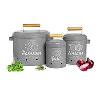 Sendez 3-in-1 Retro Metal Vegetable Storage Containers: Potato, Onion, Garlic, Grey, Matt