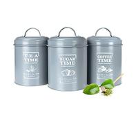 Sendez 3 Metal Storage Containers, Coffee Canister, Tea Canister, Sugar Bowl, Storage Container, Grey