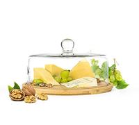 Sendez Glass Bell with Chopping Board 28 cm, Transparent, Glass/Wood, Cheese Dome, Cake Dome, 28L x 28W x 18.5H cm