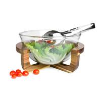 Sendez Glass Salad Bowl Set with Acacia Wood Frame and Stainless Steel Servers - 4.4L Capacity