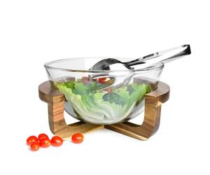 Sendez Glass Salad Bowl Set with Acacia Wood Frame and Stainless Steel Servers - 4.4L Capacity