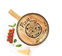 Sendez Pizza Board with Handle Diameter 30 cm Made of Acacia Wood with Print - Wooden Board as Pizza Plate, Vesper Board, Cheese Board or Sausage Plate - Serving Board with Hole for Hanging